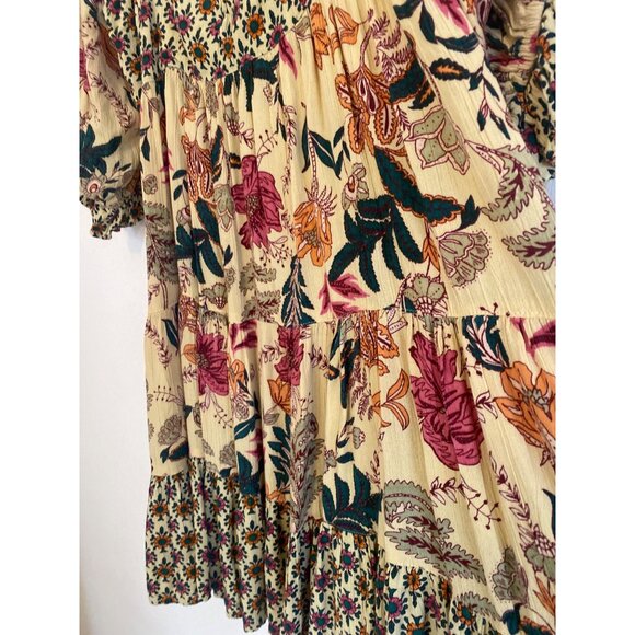 Boho Floral Smocked Midi Dress By Angie Rayon Size M Puff Sleeves Multicolor - Picture 4 of 6